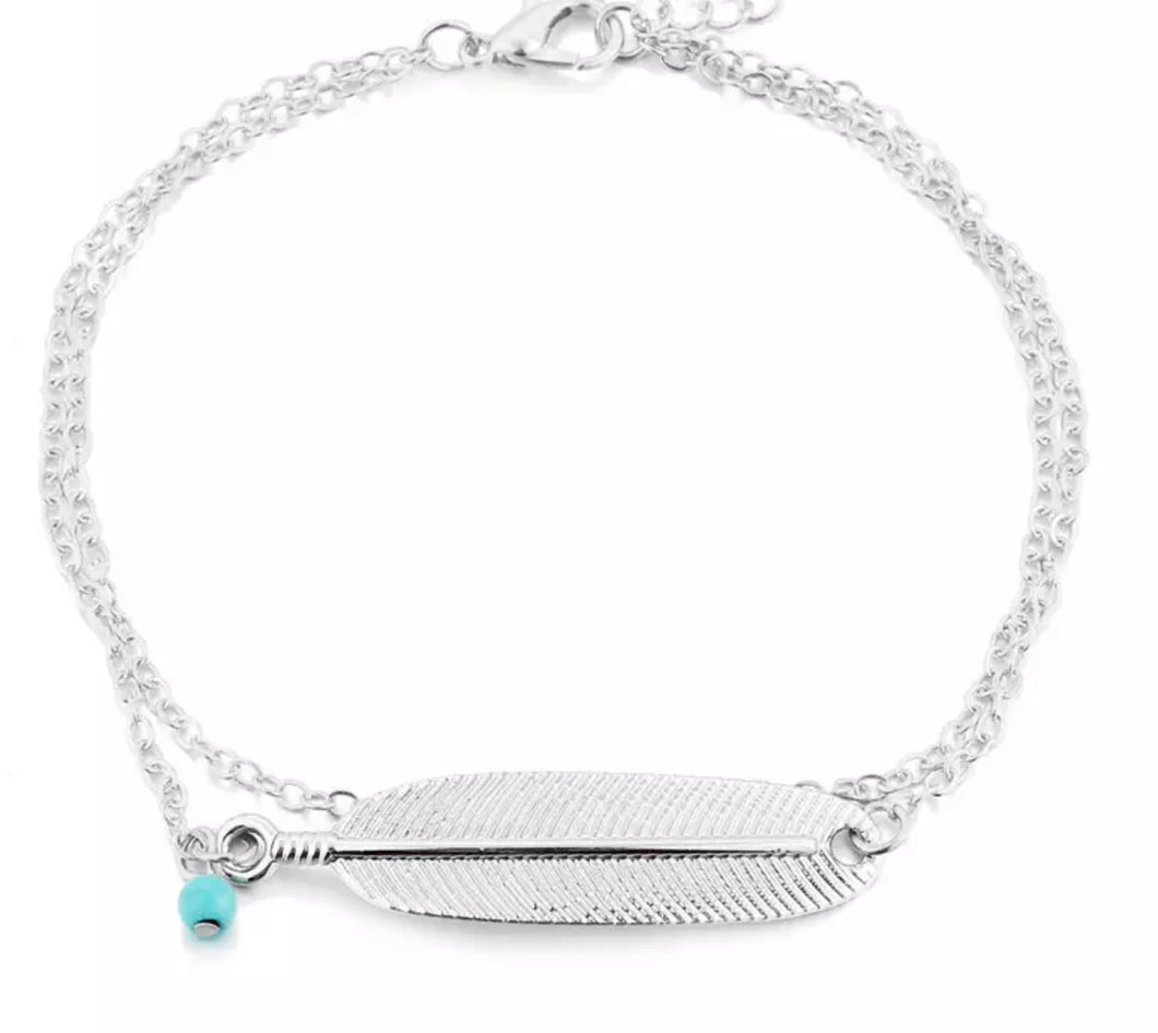 Silver Double Layer Feather Ankle Bracelet