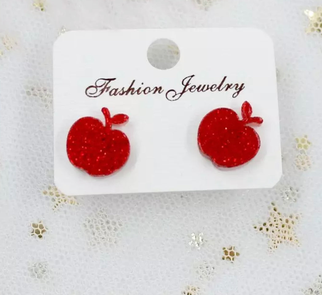 Red Glitter Apple Stud Earrings