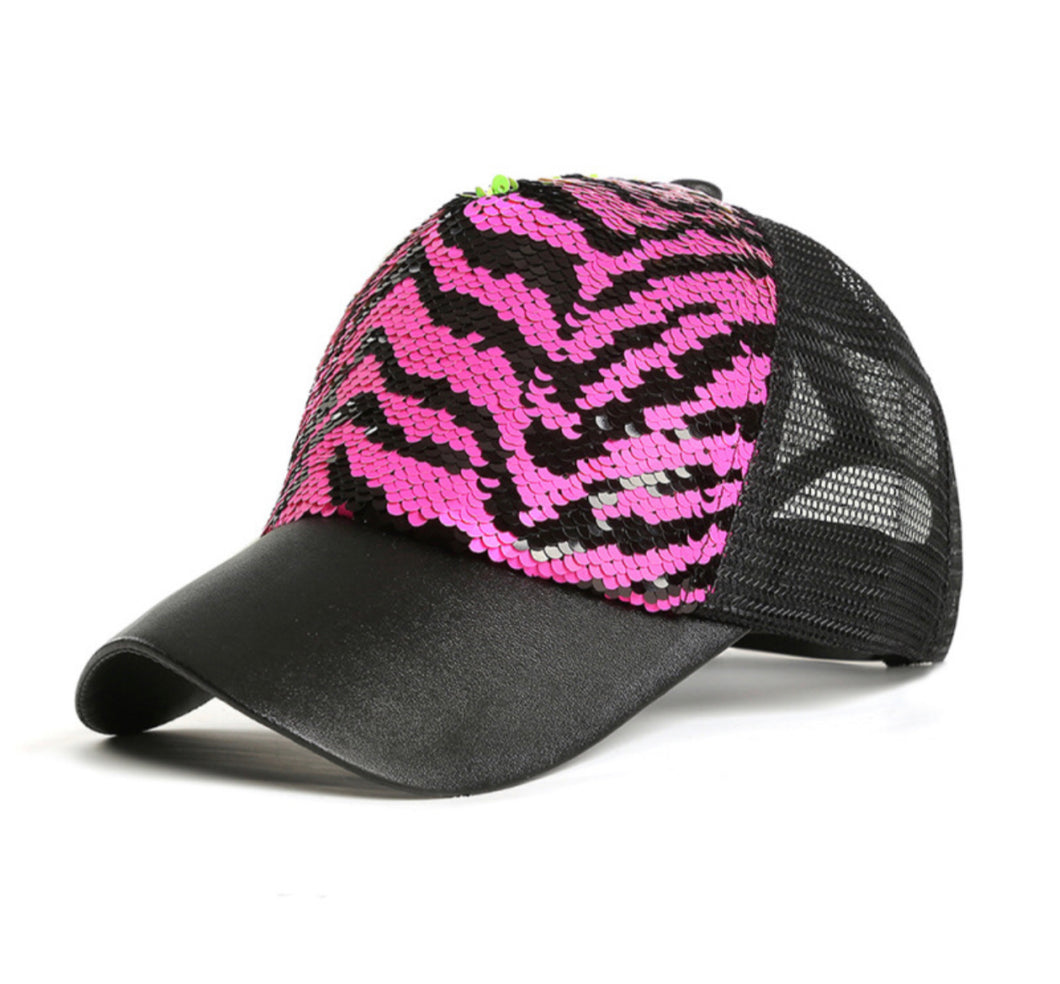 Light Pink and Black Reversible Sequin Zebra Print Hat