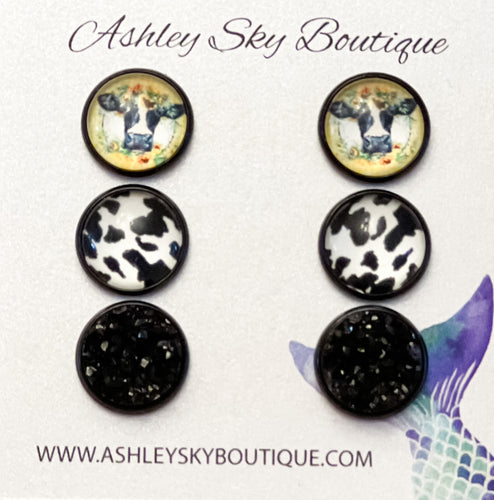 Bessie The Cow and Cow Print With Black Druzy on Black Setting -12mm