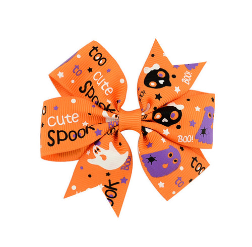 Halloween Hair Bow Orange with White Ghost