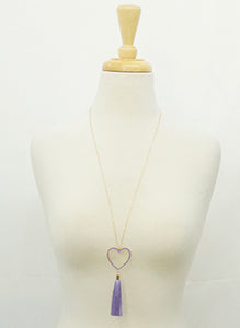 Lavender Heart Pendant with Tassel Long Necklace