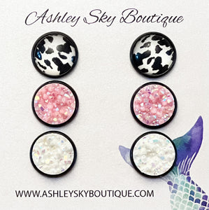 Cow Print With Pink Glitter and White Druzy on Black Setting -12mm