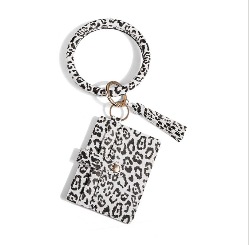 White Leopard Print Card Holder Bracelet Key Ring