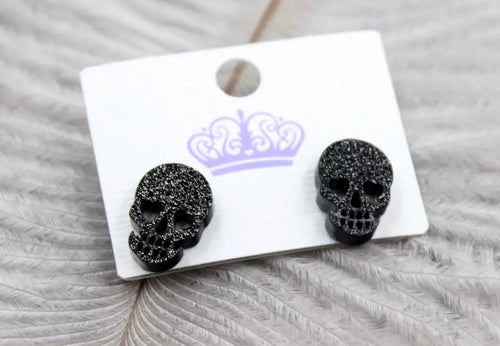 Black Glitter Skull Head Halloween Stud Earrings