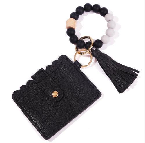 Black Card Holder Silicone Beaded Bracelet Key Ring