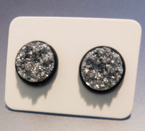 Silver Glitter Chunky Druzy/ Black Setting 10mm