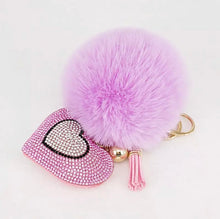 Load image into Gallery viewer, Zora Double Rhinestone Heart Pom Pom Keychain/ Bag Charm