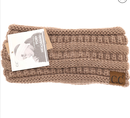 Taupe C.C Cable Knit Fuzzy Lined Ear Warmer Ponytail Pony Headband