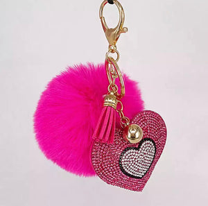 Hot Pink Double Rhinestone Heart Pom Pom Keychain/ Bag Charm