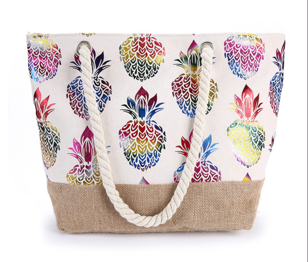 Colorful Pineapple Beach Bag with Rope Handles