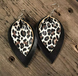 Sienna Black and Leopard Leather Drop Earrings