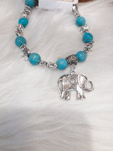 Silver Elephant and Turquoise Stone Stretch Bracelet