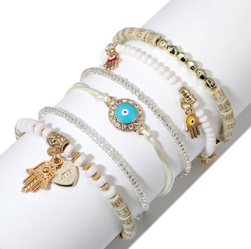 White Hamsa Hand Evil Eye Boho Beaded Bracelet Set