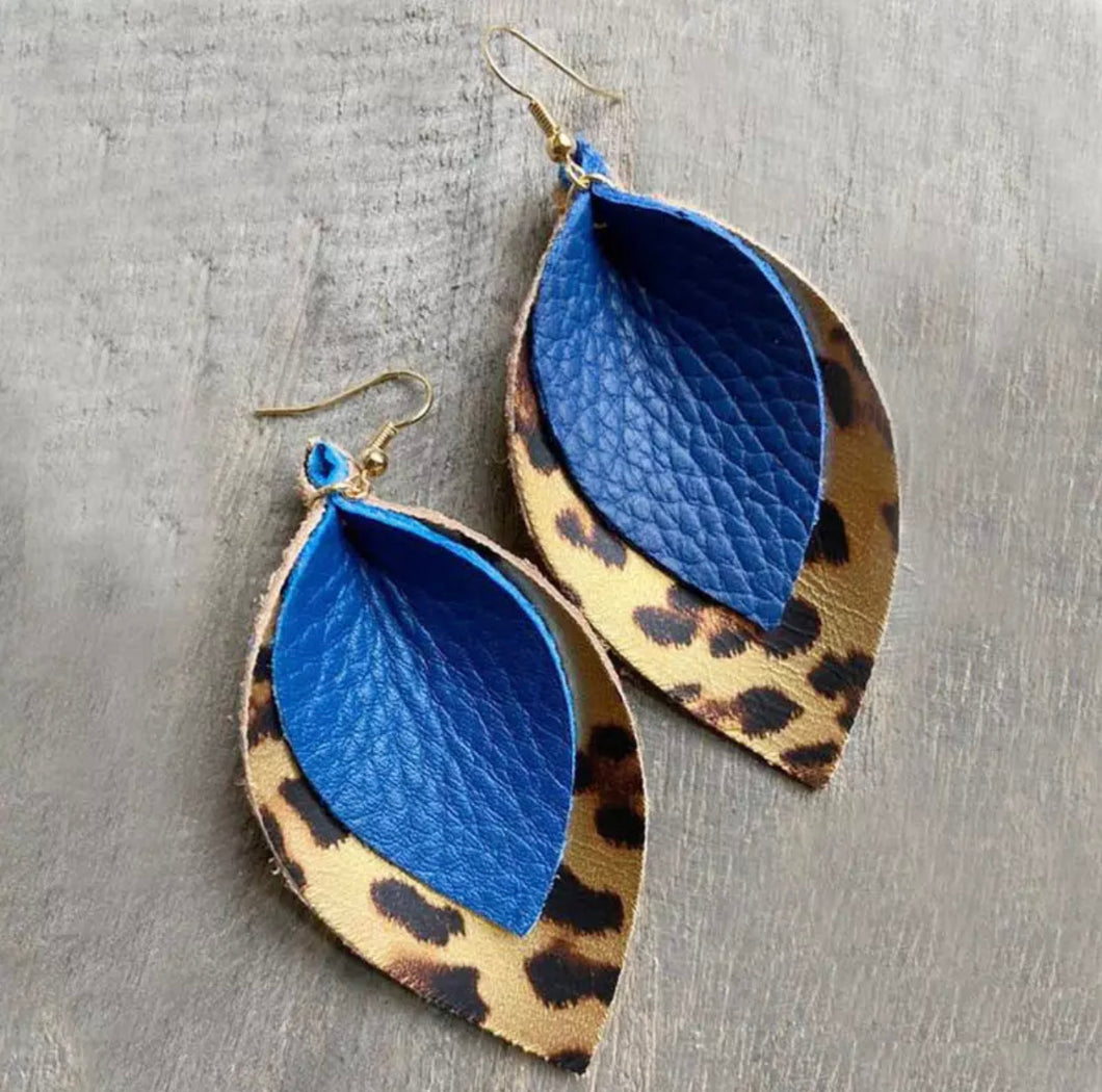 Kathy Royal Blue and Leopard Leather Drop Earrings