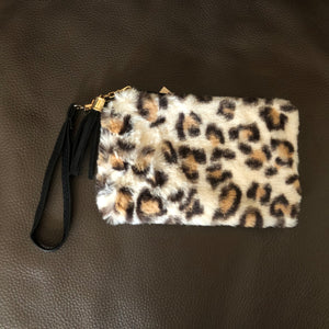 Fuzzy Leopard Wristlet/Makeup Bag