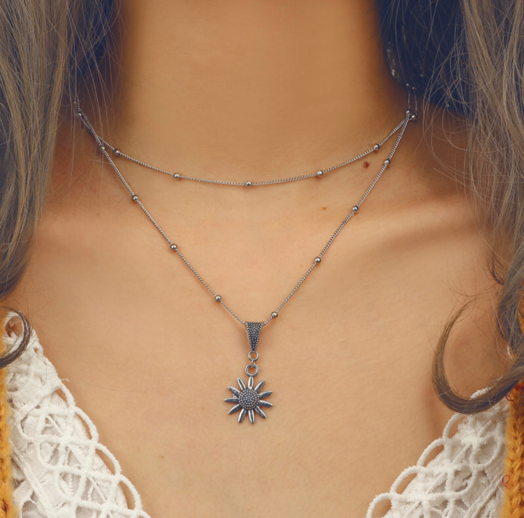 Vintage Silver Double Layer Sunflower Necklace