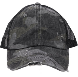 Women’s CC Distressed Camouflage Criss-Cross High Ponytail Ball Cap