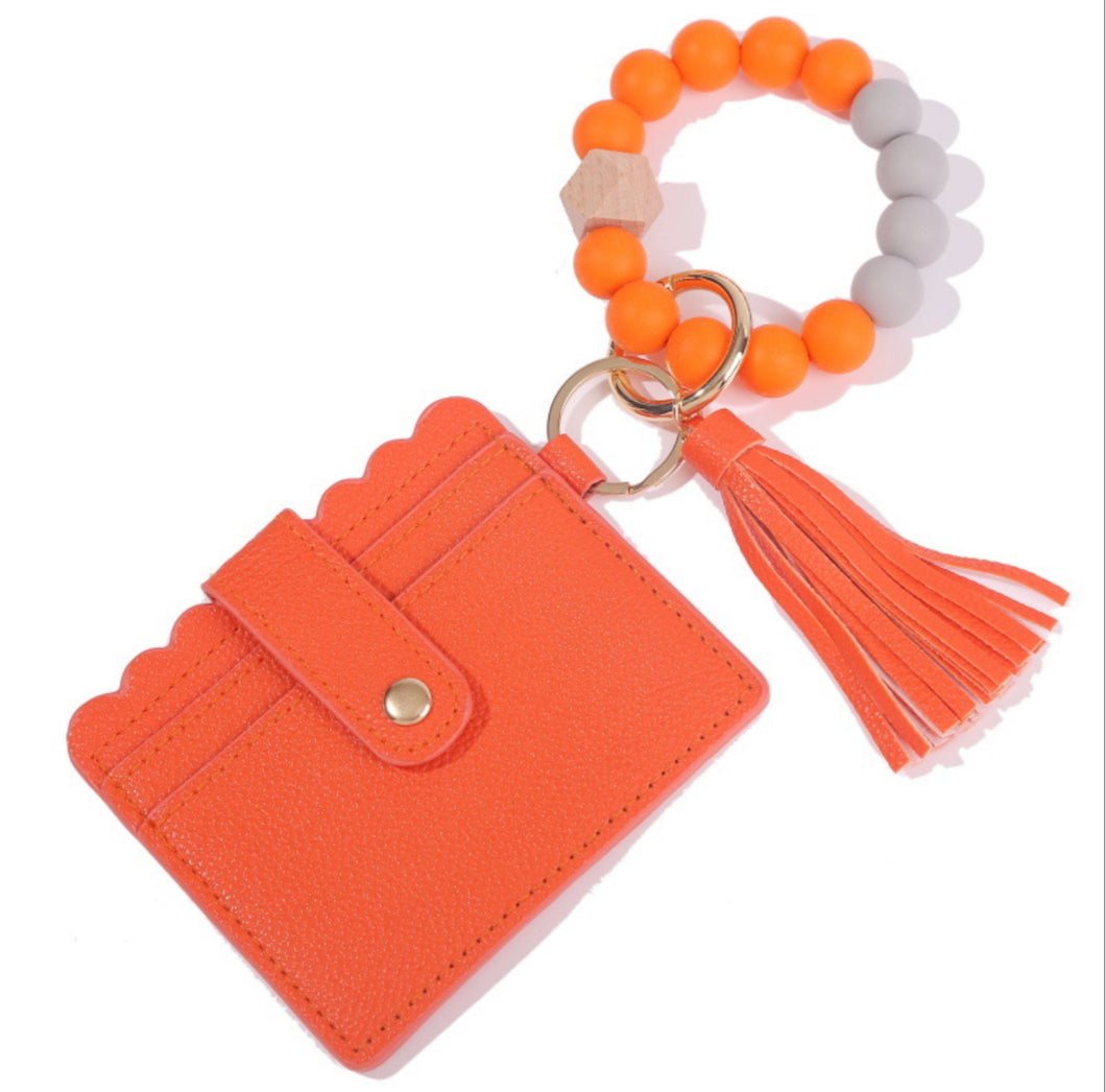 Orange Card Holder Silicone Beaded Bracelet Key Ring