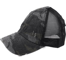 Load image into Gallery viewer, Women’s CC Distressed Camouflage Criss-Cross High Ponytail Ball Cap