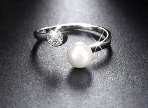 Pearl and Crystal Silver Adjustable Ring