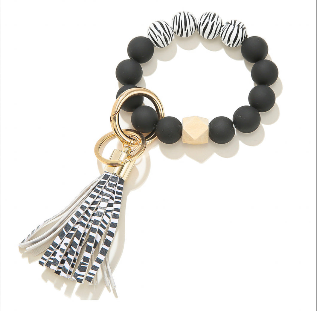Black and White Zebra Print Beaded Bracelet Keyring with Tassel