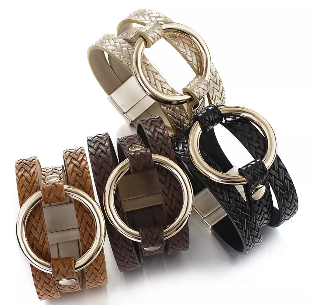 Gold Round Metal Multilayer Black Leather Magnetic Bracelet