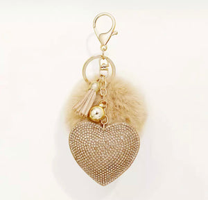 Gold Heart Rhinestone With Pom Pom Keychain/Bag Charm