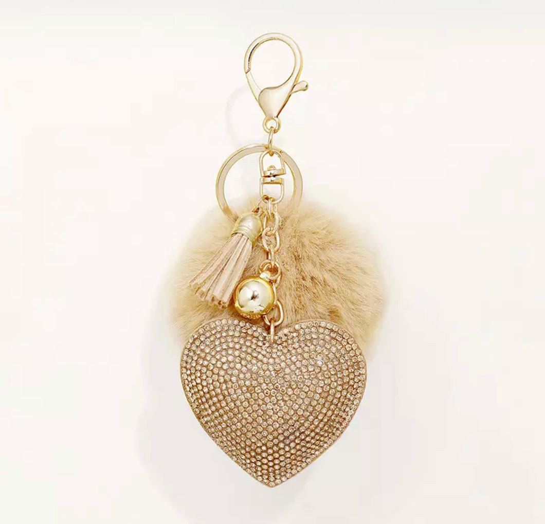 Gold Heart Rhinestone With Pom Pom Keychain/Bag Charm
