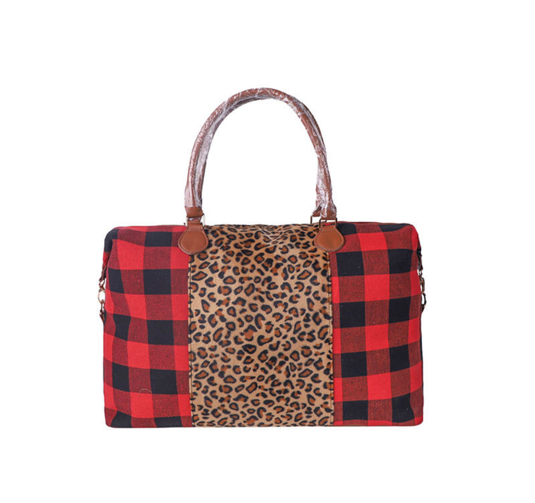 Black and Red Buffalo Print with Leopard Weekender Bag