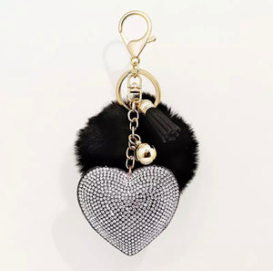 Black Heart with Silver Rhinestone With Pom Pom Keychain/Bag Charm