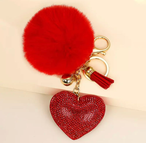 Red Heart Rhinestone With Pom Pom Keychain/Bag Charm