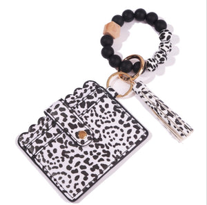 Black and White Cow Print Card Holder Silicone Beaded Bracelet Key Ring