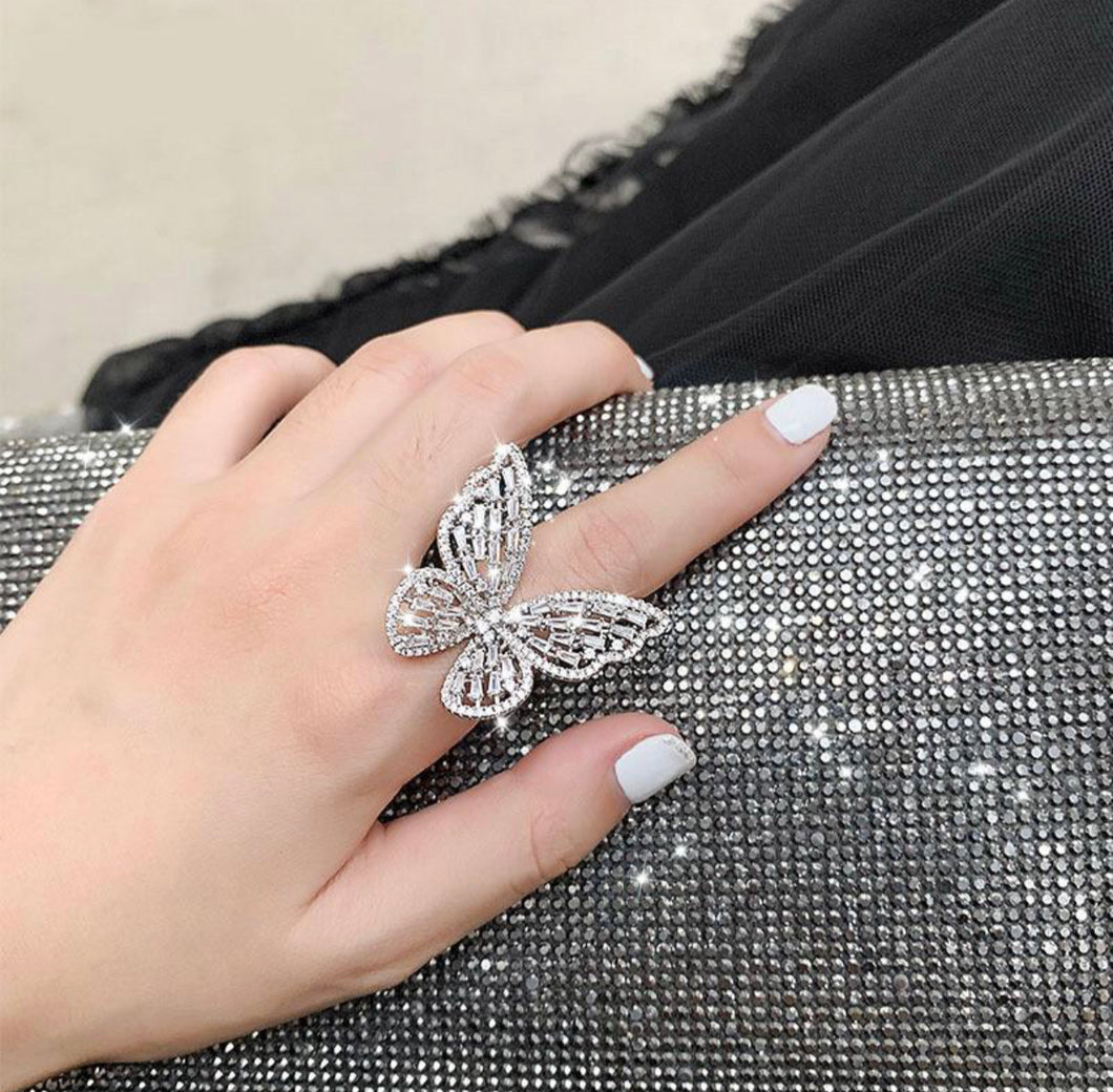 Silver Crystal Hollow Butterfly Ring