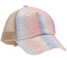 Load image into Gallery viewer, Kids Glitter Ombre Criss-Cross High Ponytail CC Ball Cap