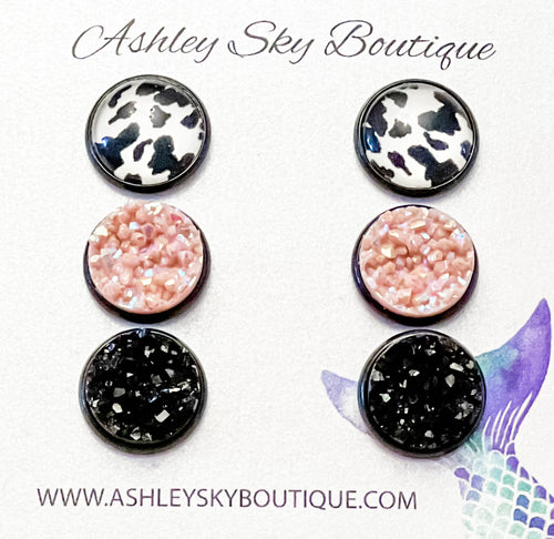 Cow Print With Mauve Glitter and Black Druzy on Black Setting -12mm