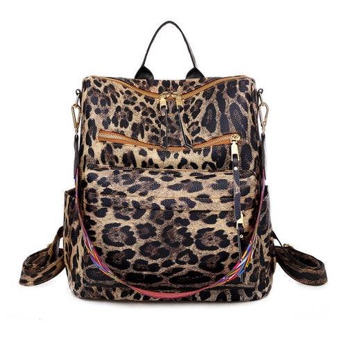 Brown Leopard Print Backpack with Colorful Strap