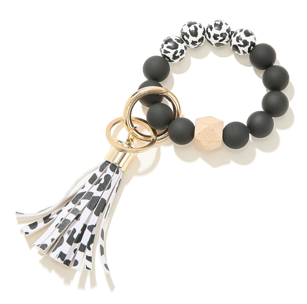 Black and White Leopard Beaded Bracelet Keyring with Tassel