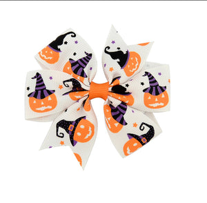 Halloween Hair Bow White with Orange Pumpkin with Black and Purple Hat