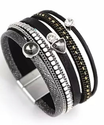 Black and Silver Gemstone Multilayer Magnetic Bracelet