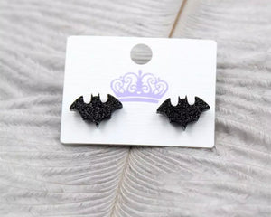 Black Glitter Bat Halloween Stud Earrings
