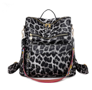 Gray Leopard Print Backpack with Colorful Strap
