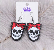 Load image into Gallery viewer, Skull with Red Bandanna Dangle Earrings