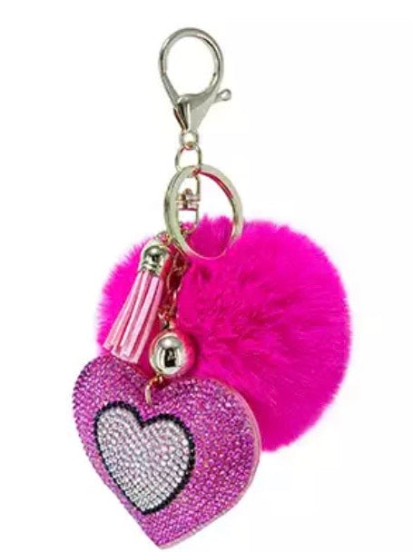 Zora Double Rhinestone Heart Pom Pom Keychain/ Bag Charm