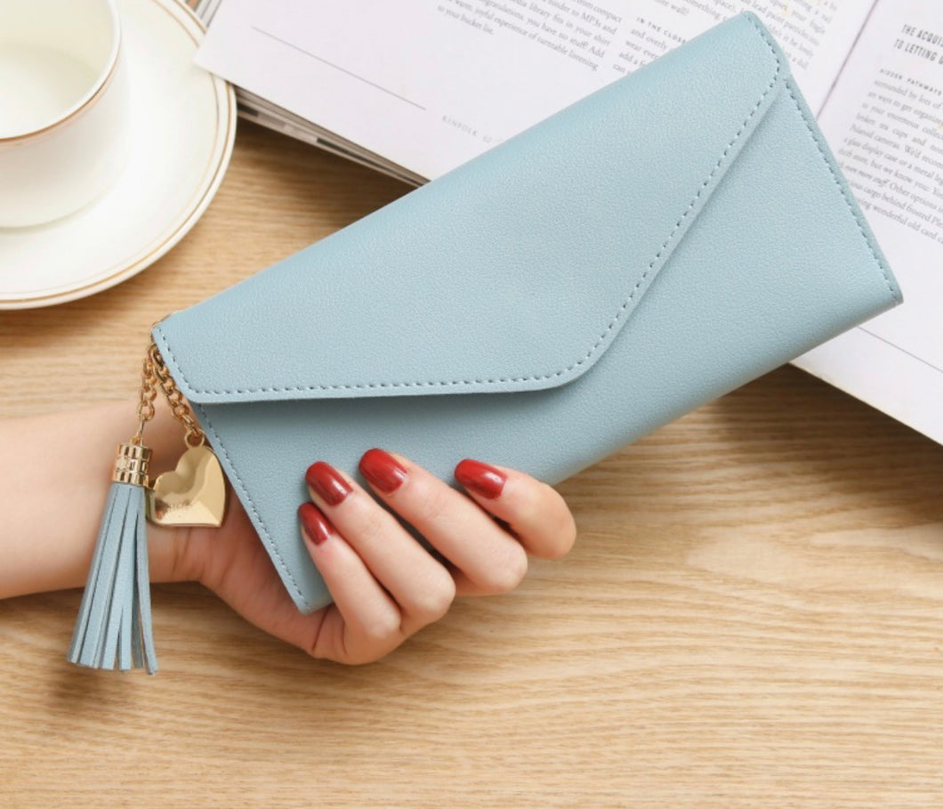 Thin Blue Long Envelope Wallet With Tassel